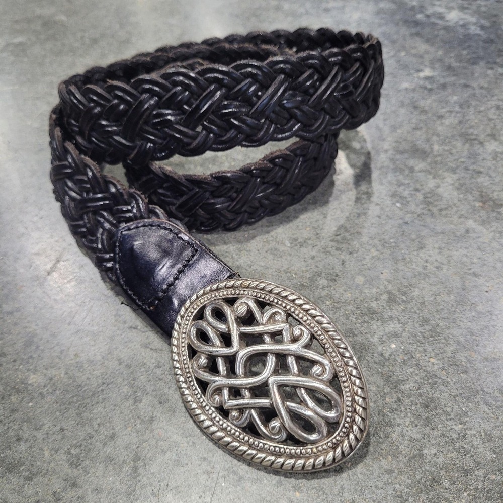 VTG Black Leather Belt Lg Braided Woven Oval Scroll Buckle 90s Western Cowgirl